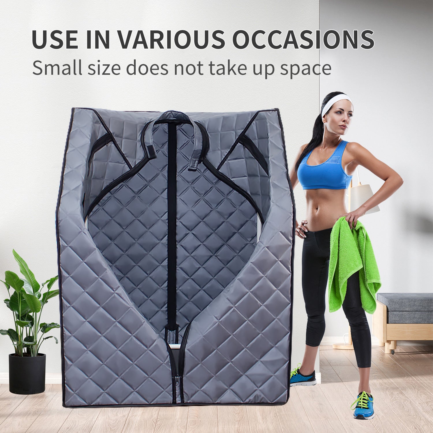 Gray quilted portable sauna tent with a front zipper closure ideal for home use