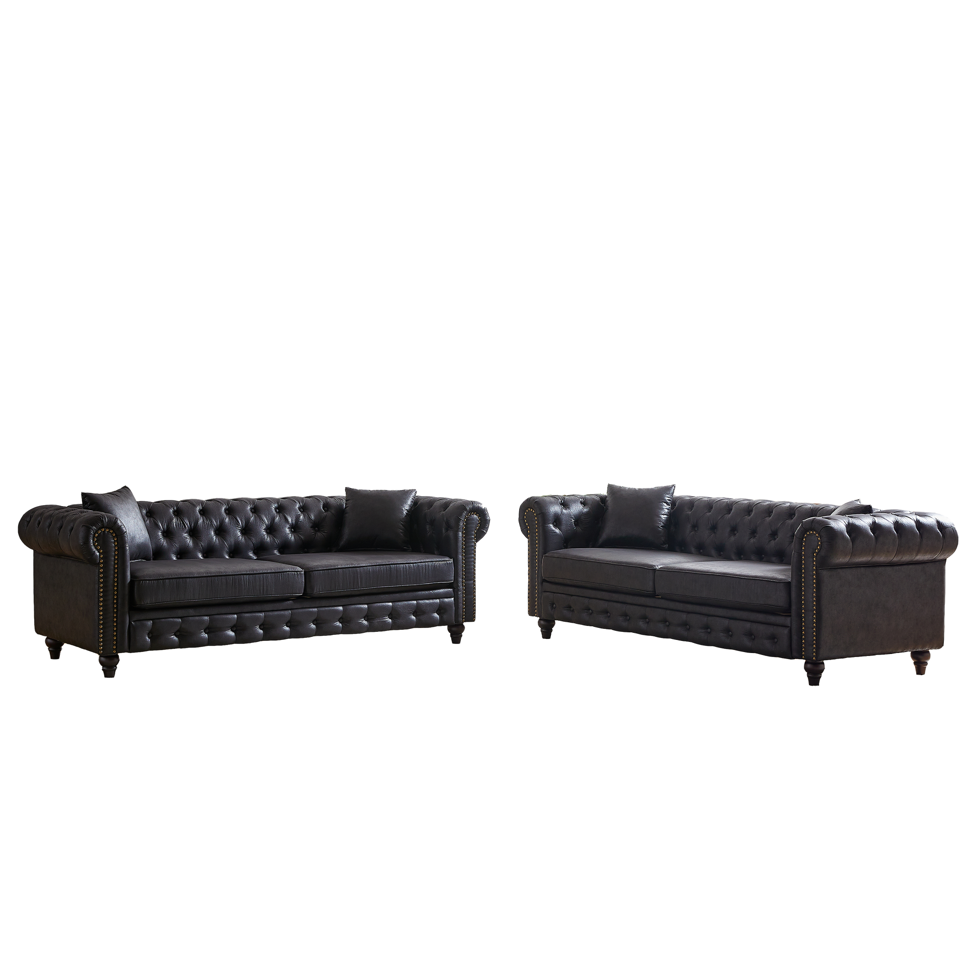 Dark brown leather chesterfield sofa with deep button tufting and gold nailhead trim