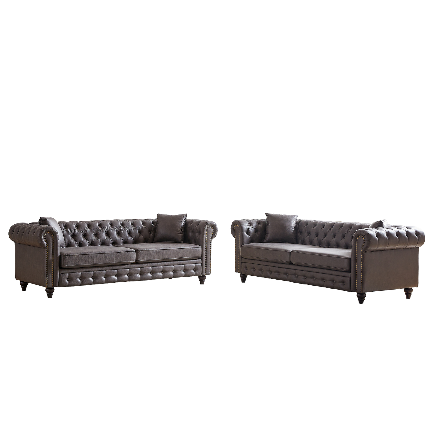 Dark brown leather Chesterfield sofa with tufted detailing and rolled arms a classic living room furniture piece