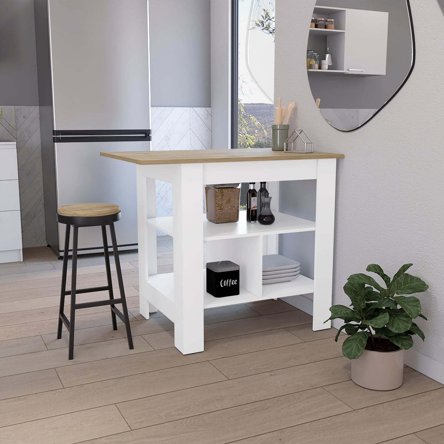 White kitchen island with natural wood top and two shelves