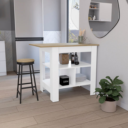 White kitchen island with natural wood top and two shelves