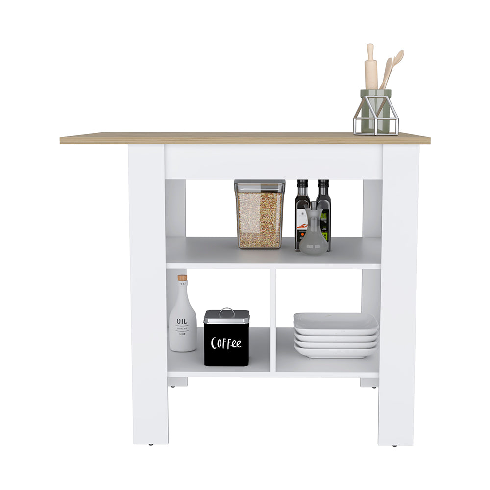 White kitchen island with oakeffect top and two open shelves