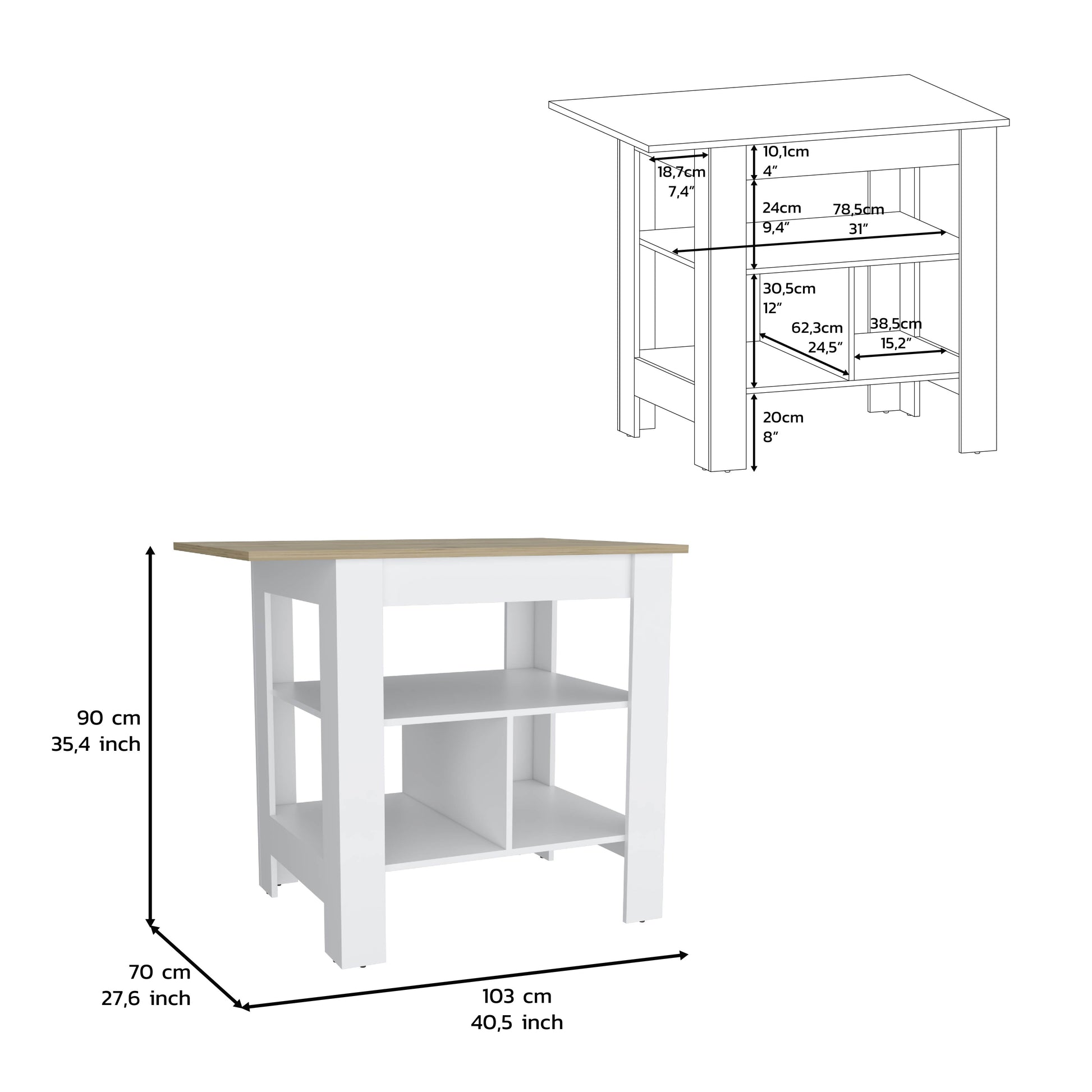 White modern console table with light wood top and multiple shelves for storage