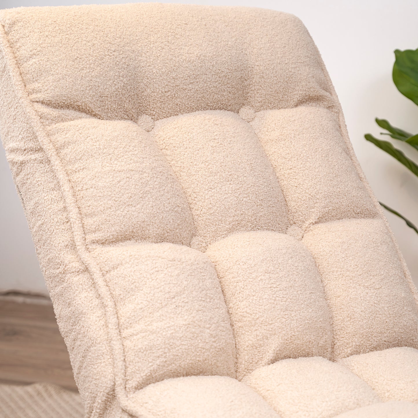 Cream teddy bear fabric floor chair with tufted seat cushions for comfortable lounging