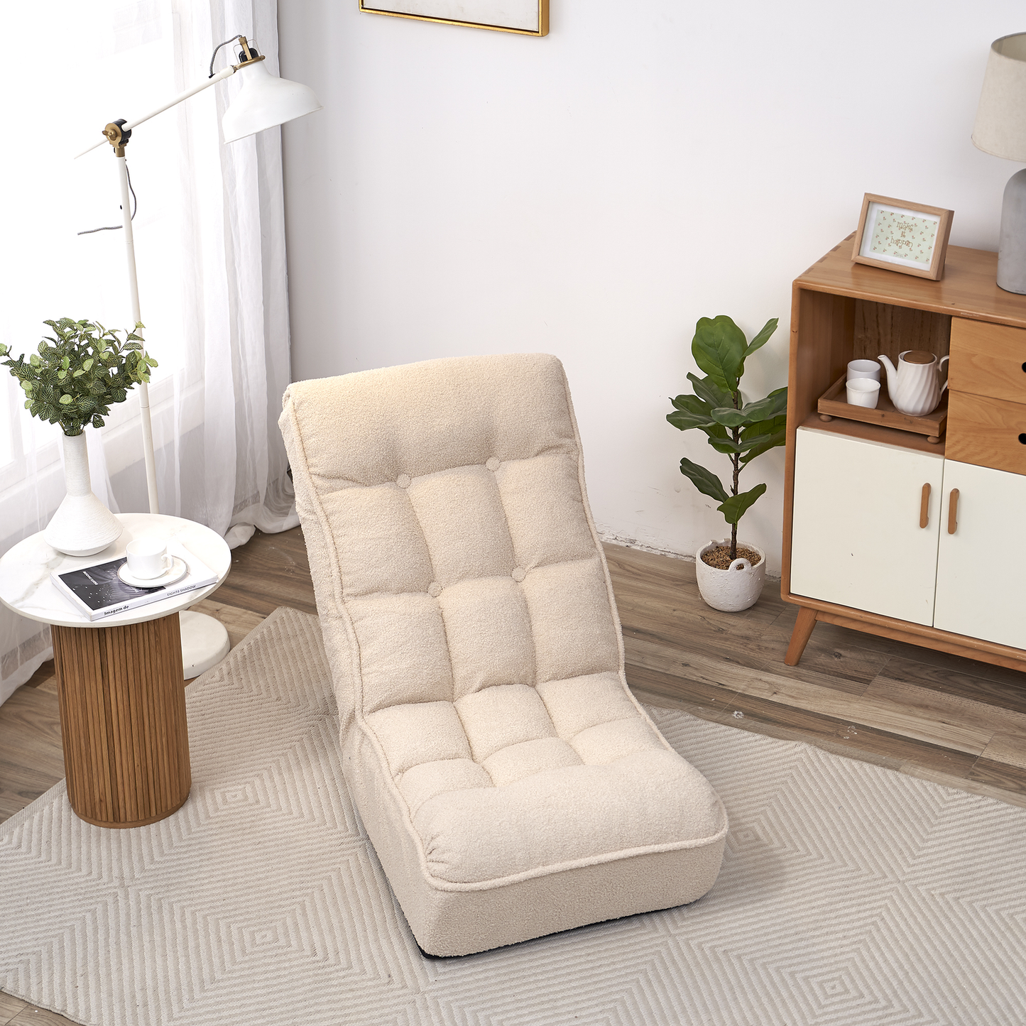 Cream boucle fabric floor chair with tufted cushions perfect for relaxed seating