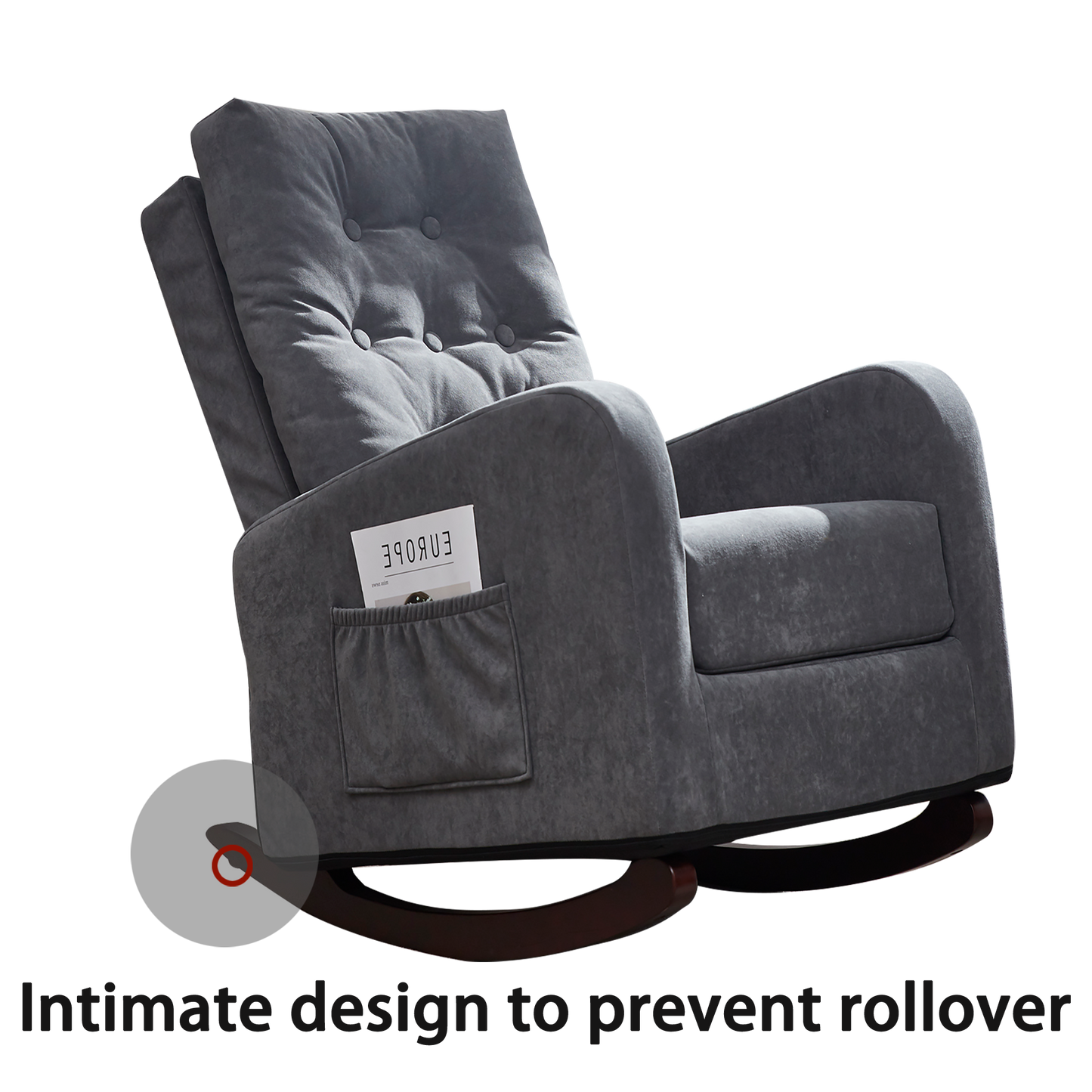 Dark grey plush rocking chair with tufted back and side pocket perfect for nurseries