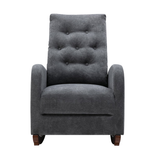 Tufted charcoal grey upholstered rocking chair with wooden legs