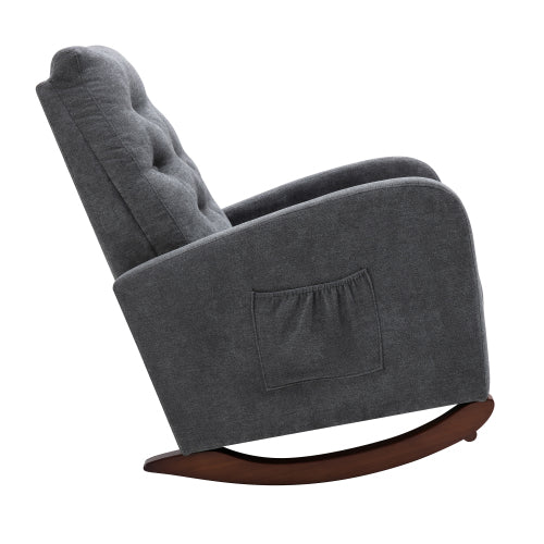 Gray fabric tufted recliner chair with wooden base side pocket and padded armrests