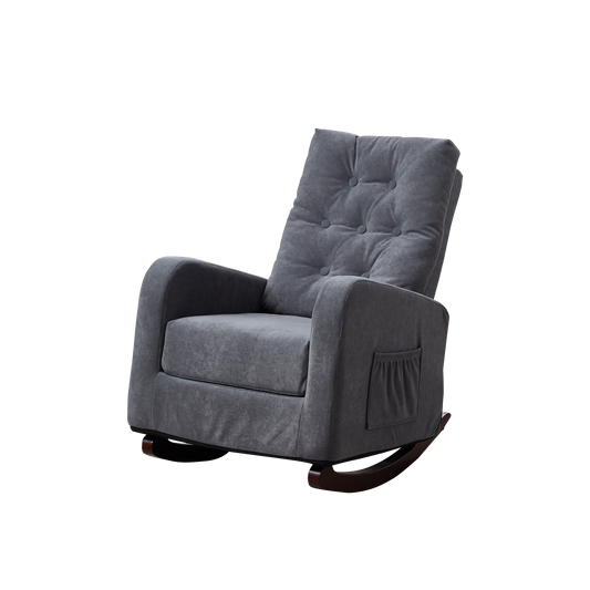 Dark gray fabric rocking chair with tufted back and side pocket