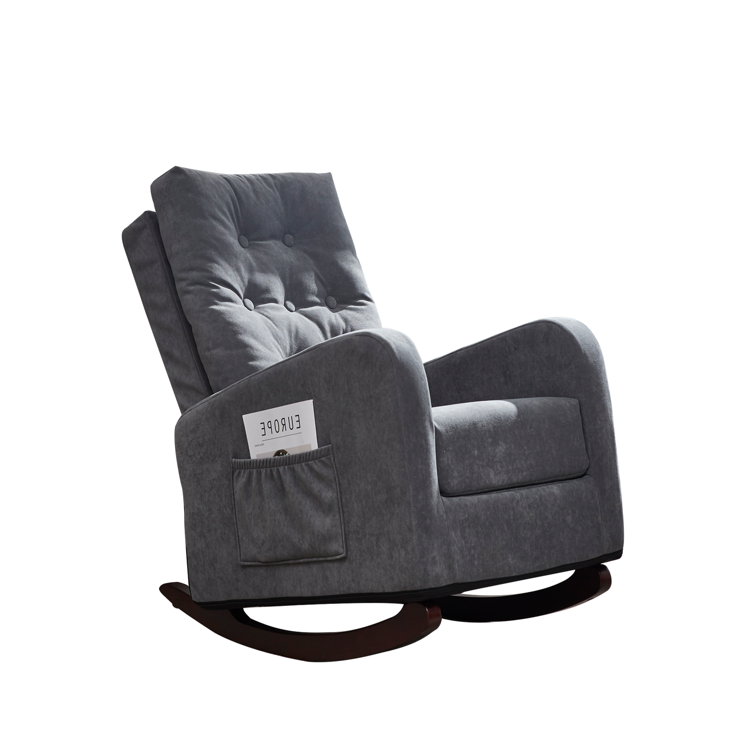 Gray upholstered rocking chair with tufted back and side pocket for books