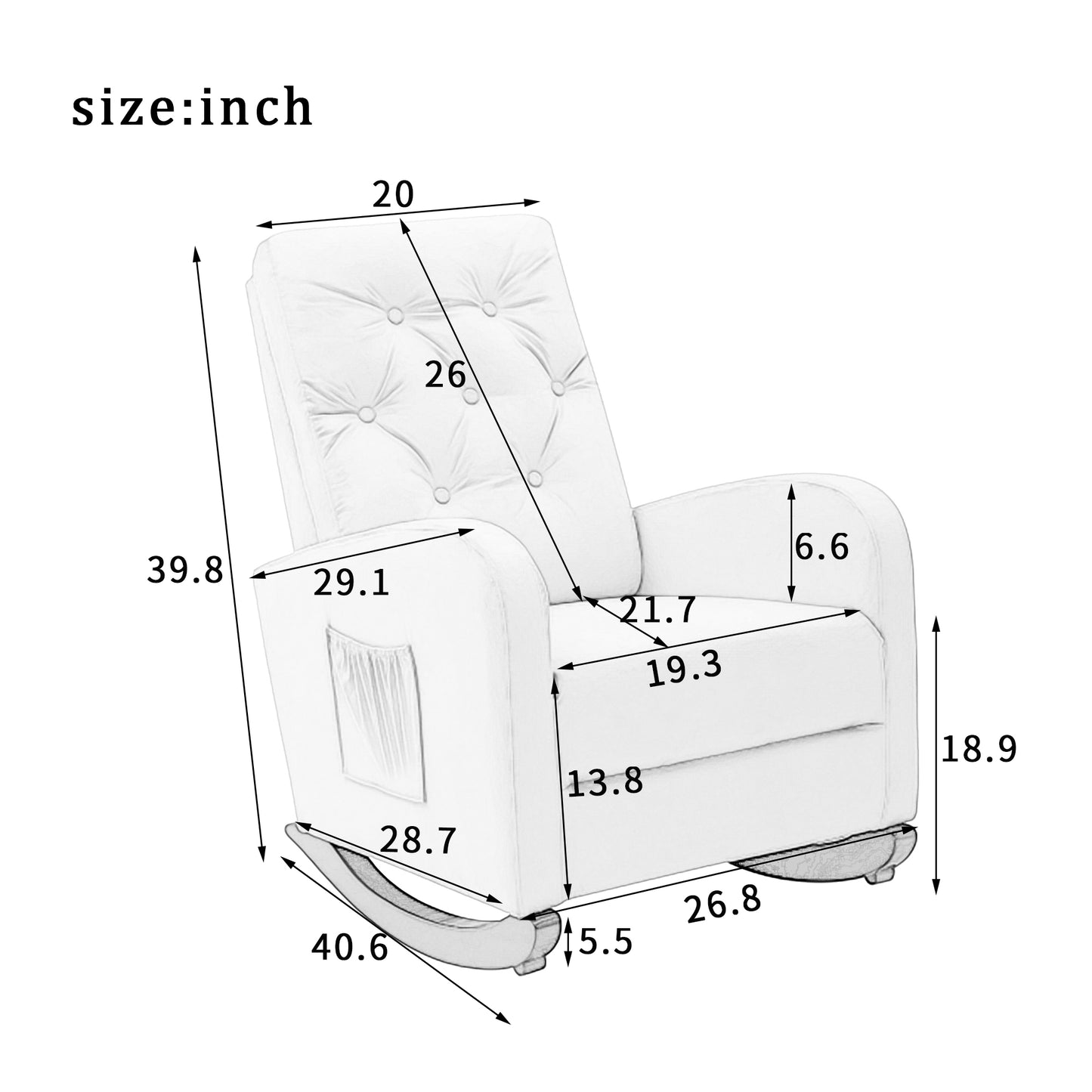 Tufted back upholstered rocking chair with attached side pocket for nursery  inches tall