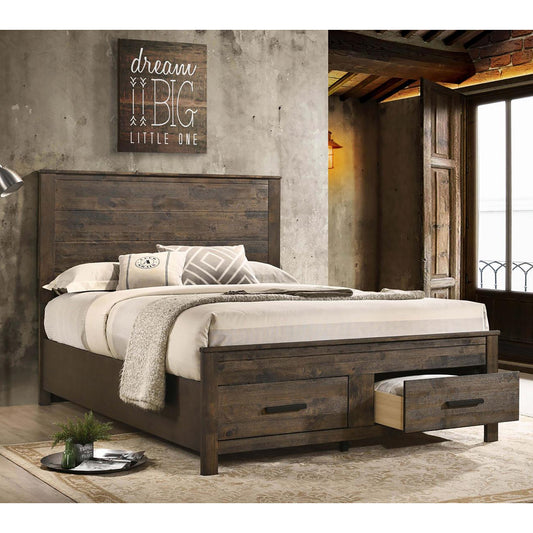 Rustic plank headboard queen bed with two storage drawers in dark oak finish
