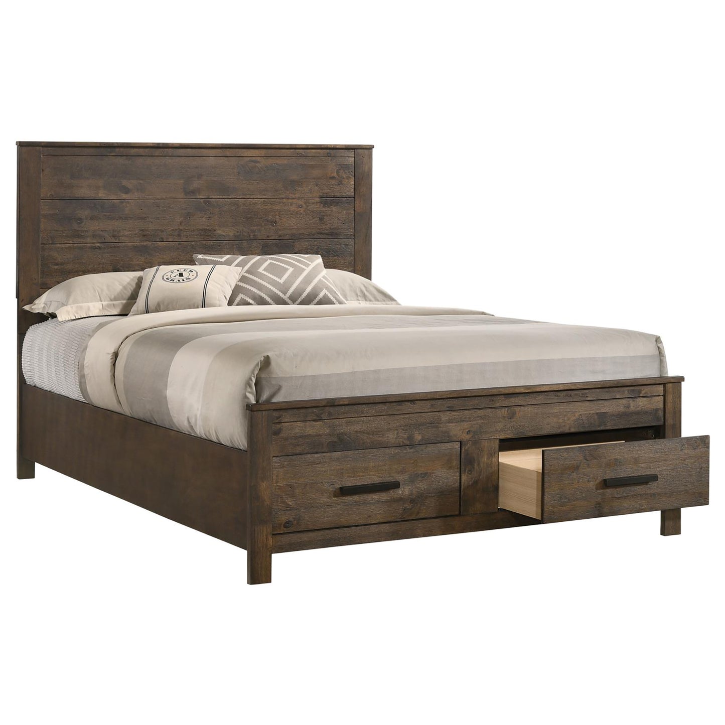 Rustic brown wooden king bed frame with slatted headboard and two storage drawers