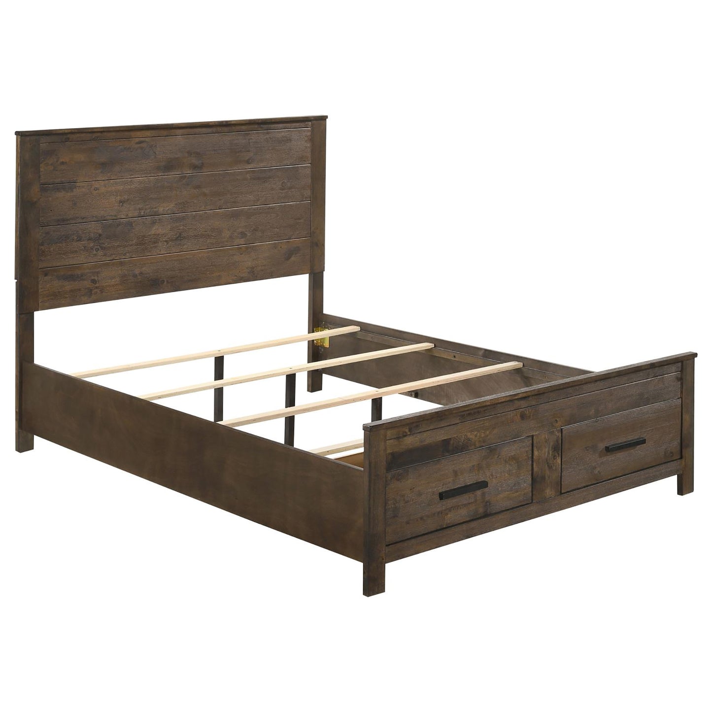 Dark brown wood platform bed frame with horizontal headboard planks and two drawers