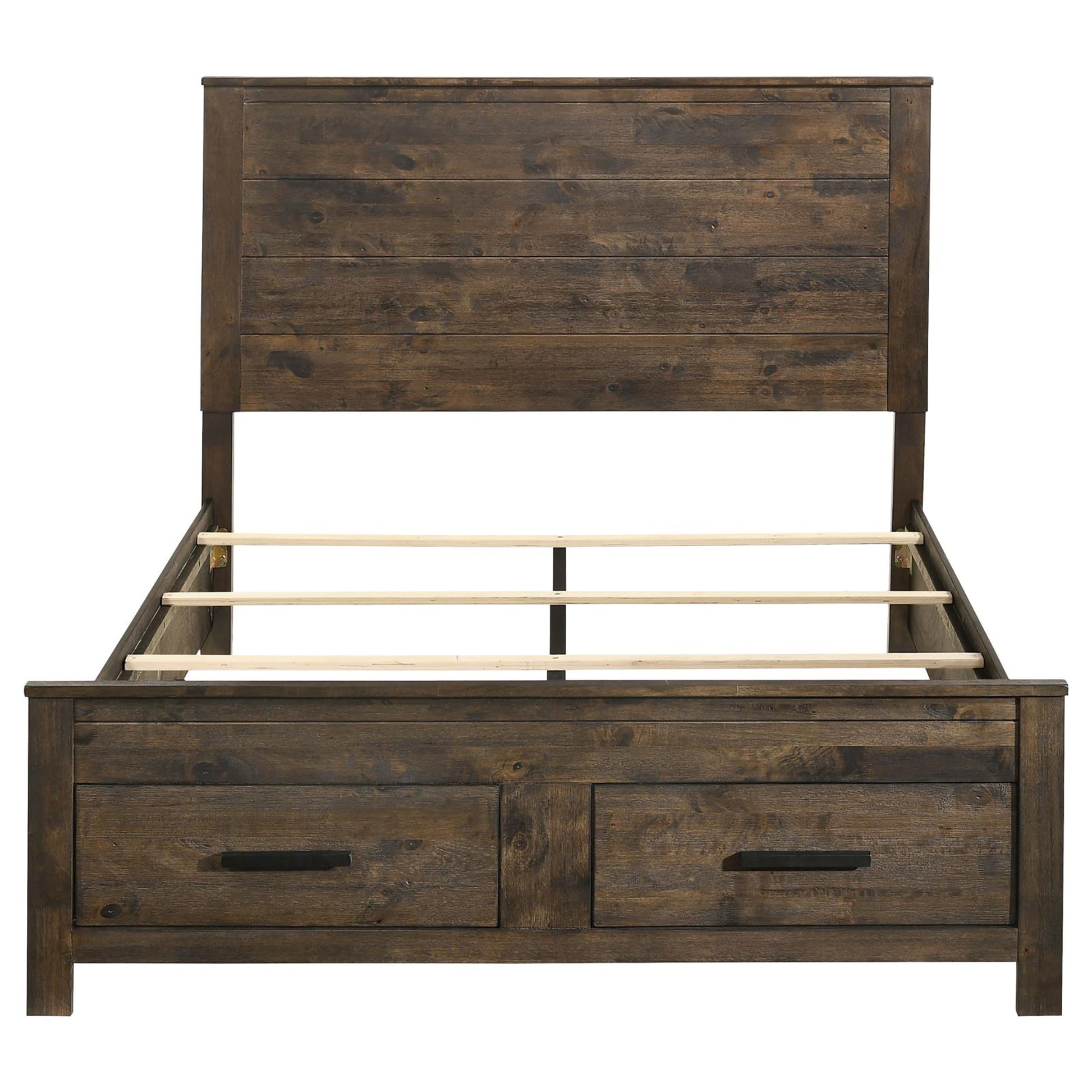 Rustic brown wood storage bed frame with two drawers and slatted support