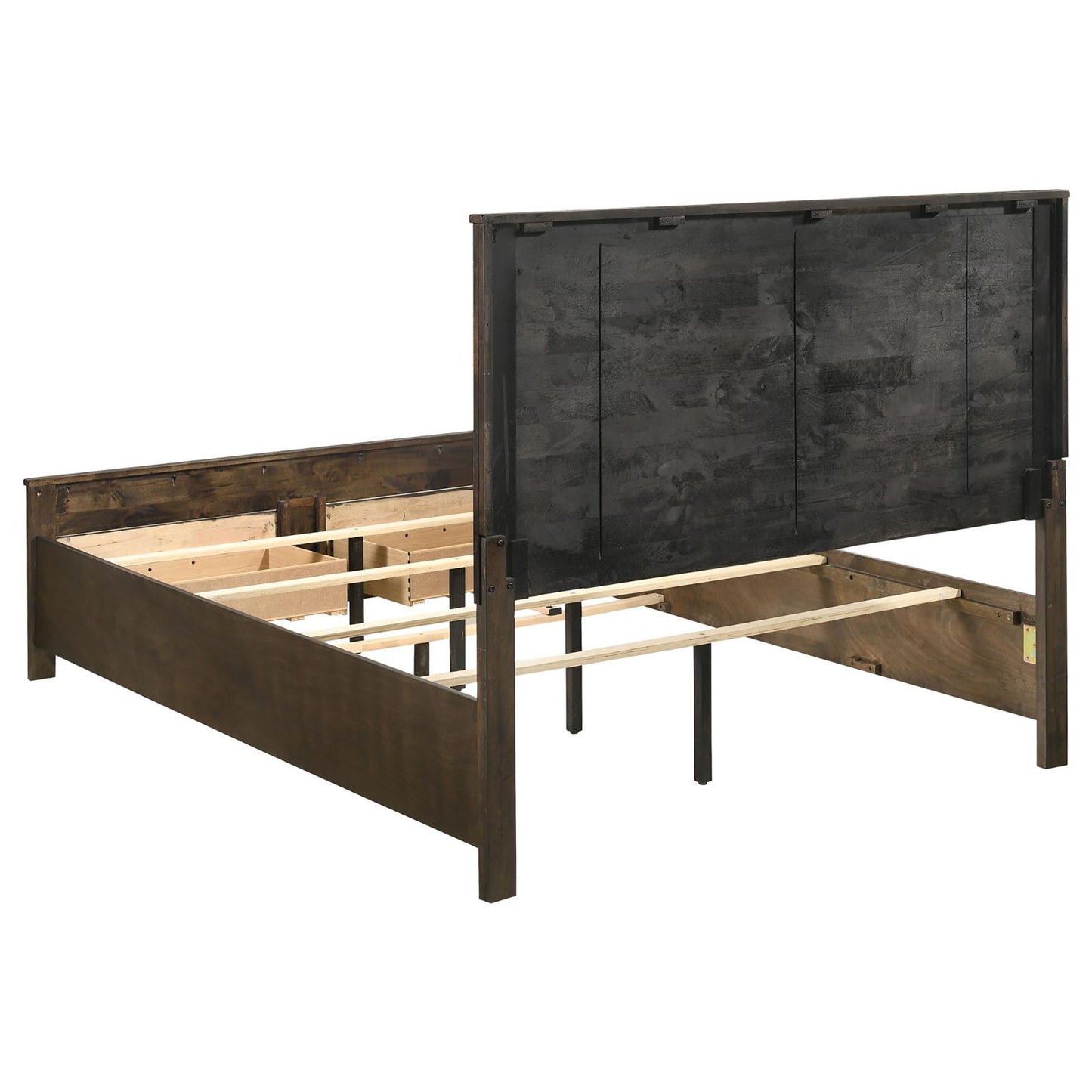 Dark wood queen bed frame with rustic plank headboard and slatted support