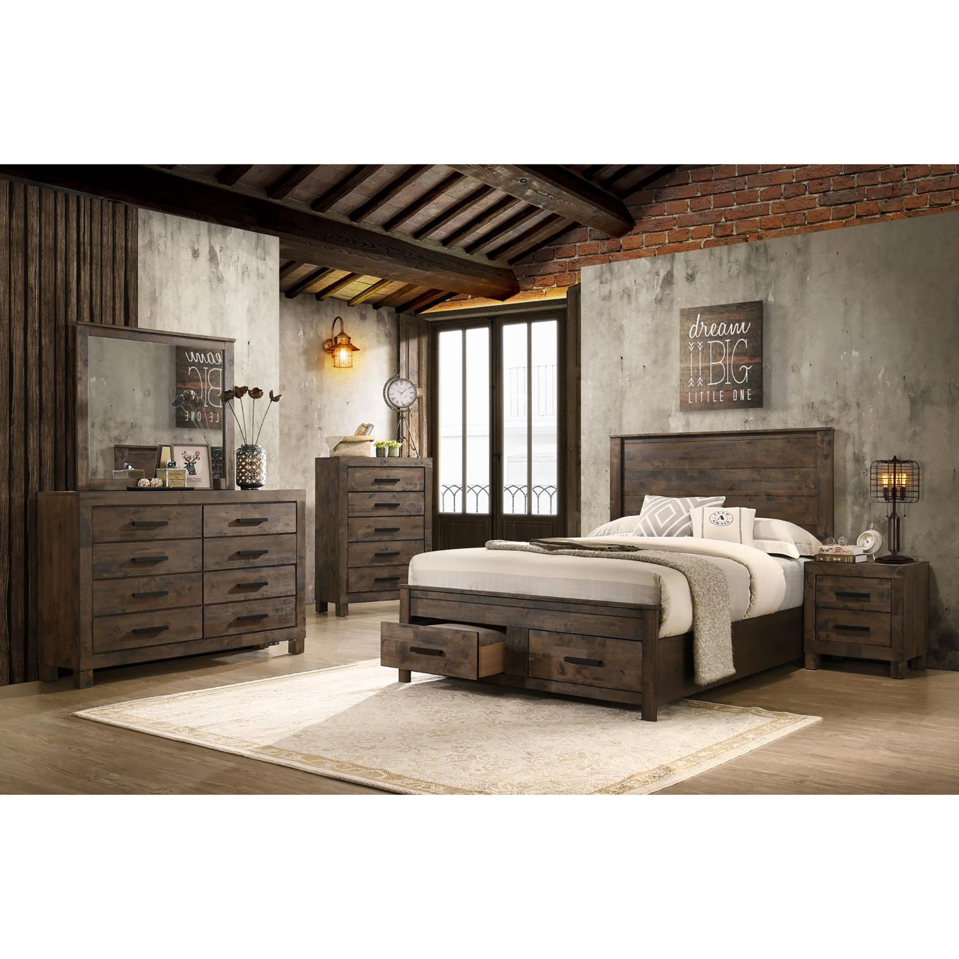 Dark wood platform bed with storage drawers and matching nightstand