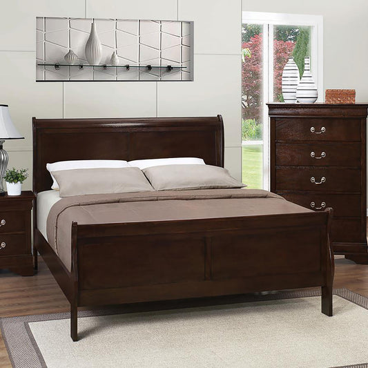 Dark wood sleigh bed with upholstered headboard queen size modern bedroom furniture