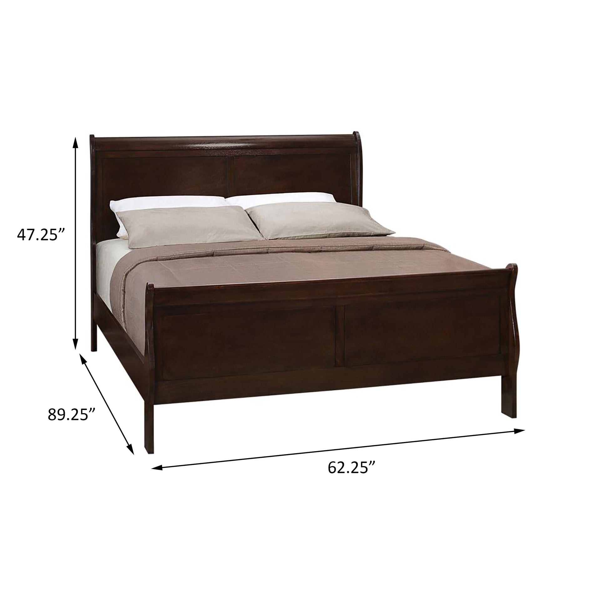 Dark wood sleigh bed with clean lines  high headboard