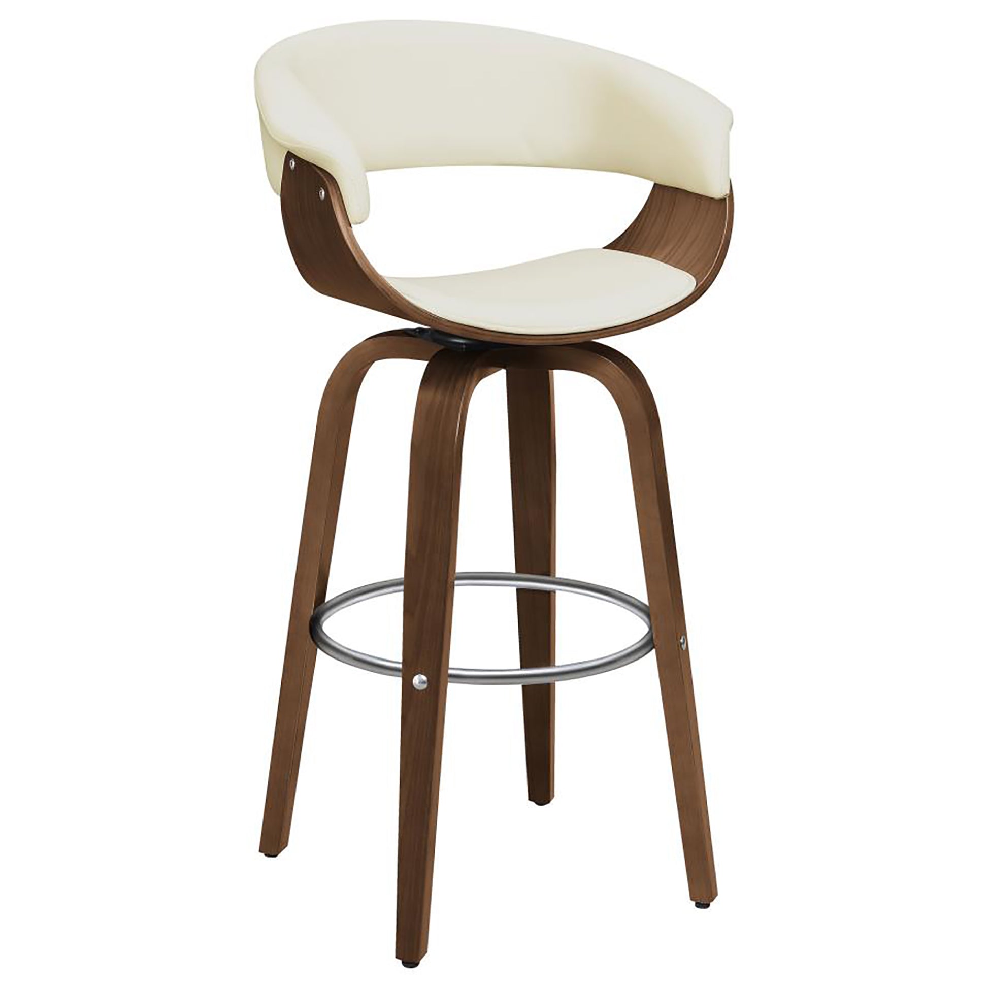 Swiveling counter stool with a creamy white upholstered seat and backrest on a curved wood frame