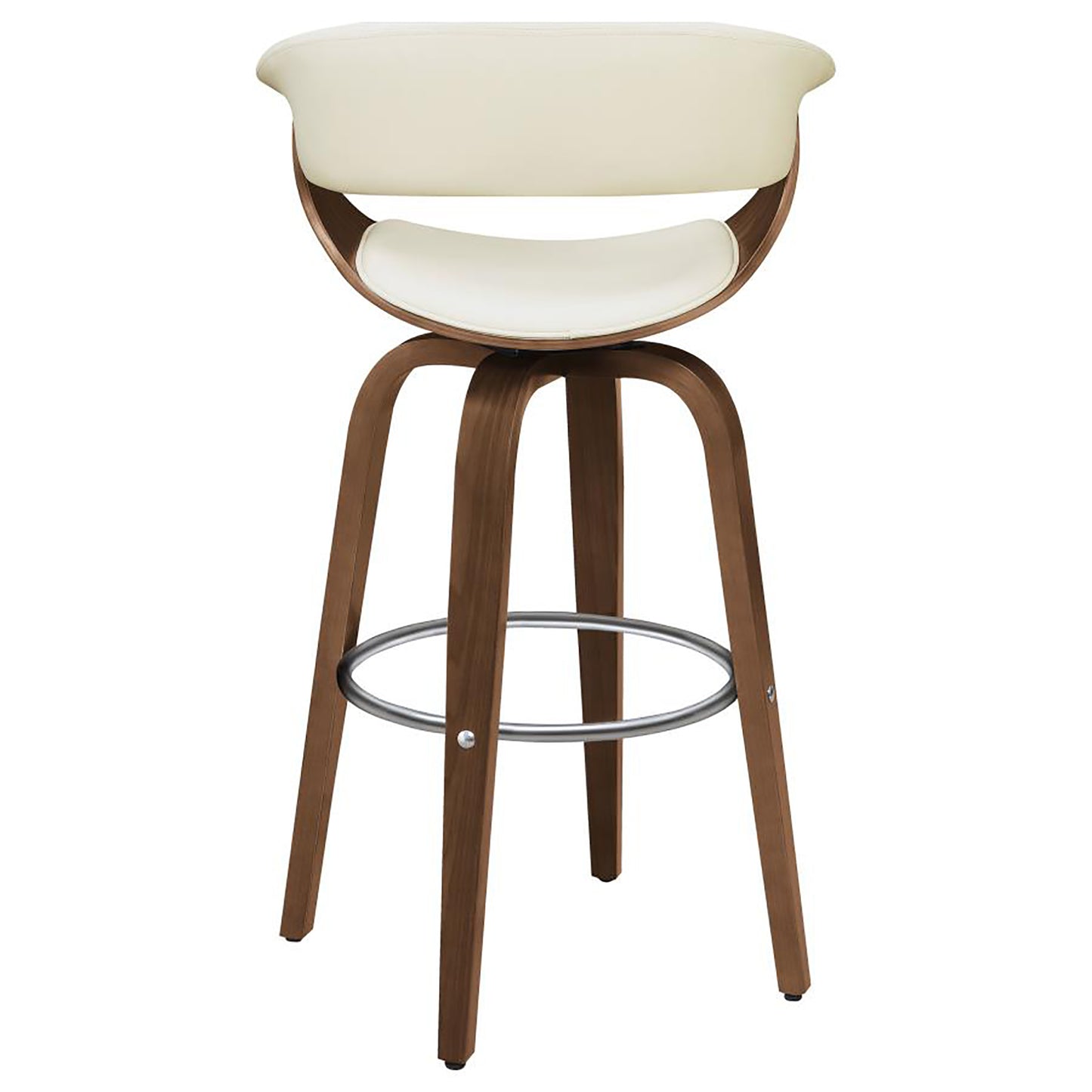 Cream upholstered curved back bar stool with walnut wood frame and metal footrest