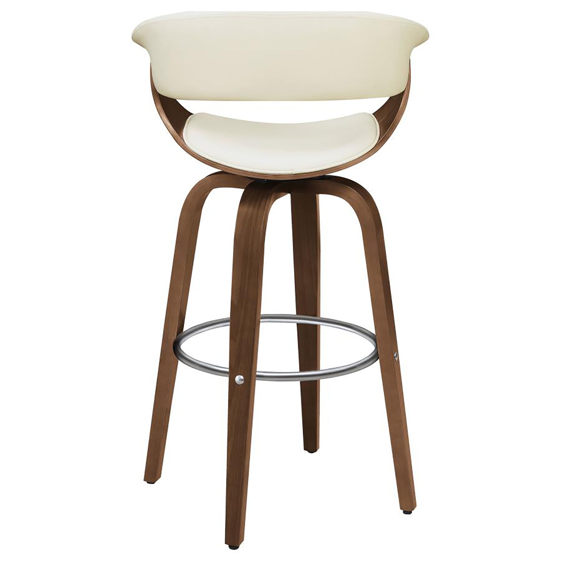 Cream upholstered curved back bar stool with walnut wood frame and metal footrest