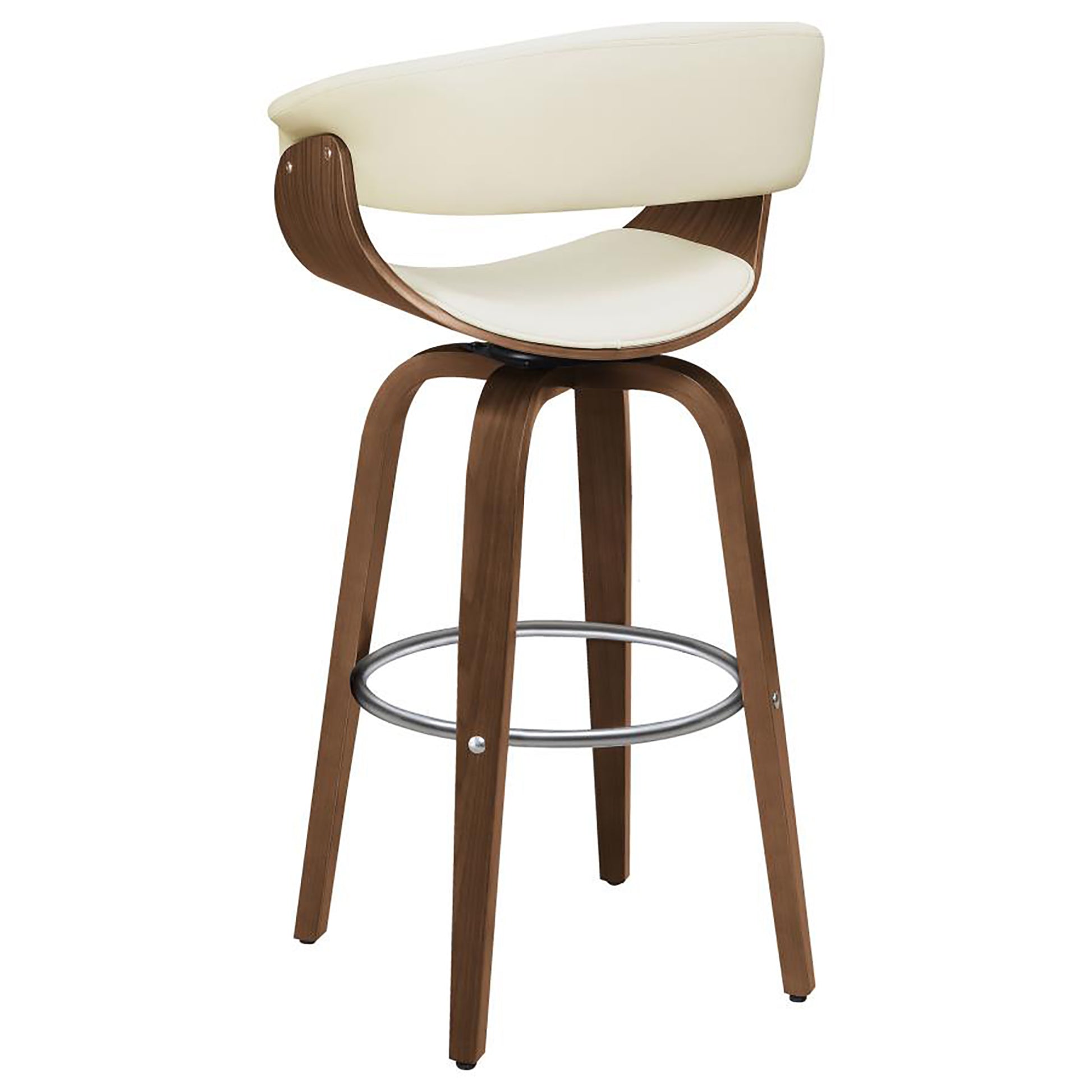 Cream upholstered swivel bar stool with walnut wood frame and chrome footrest