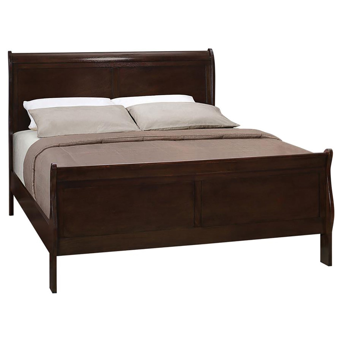 Dark wood sleigh bed with two neutral pillows and a brown comforter classic design