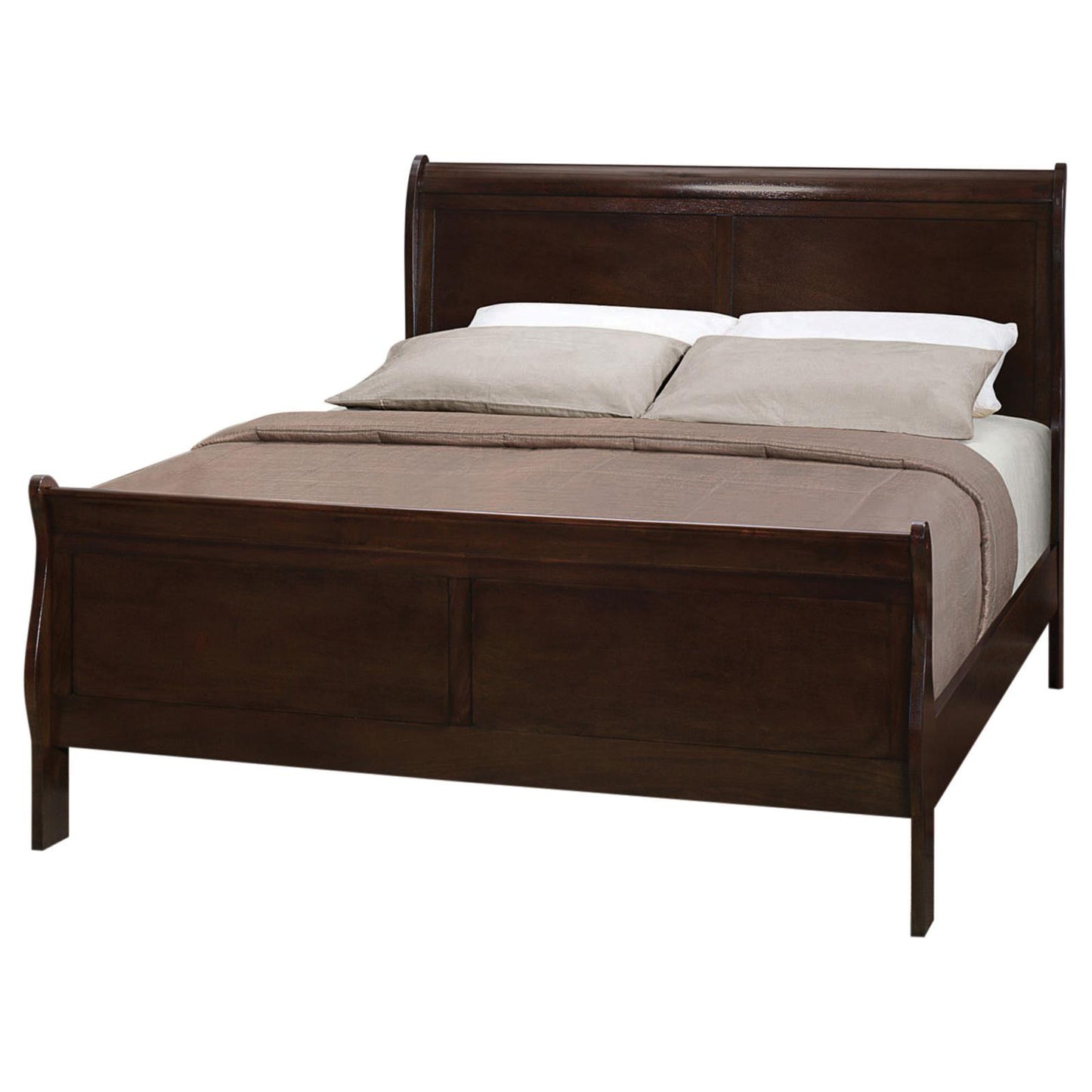 Dark brown wooden sleigh bed with upholstered pillows and blanket