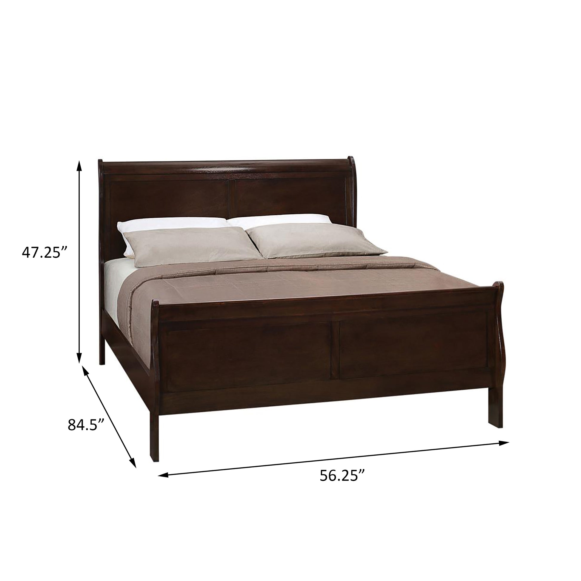 Dark brown wooden sleigh bed frame with tufted headboard queen size