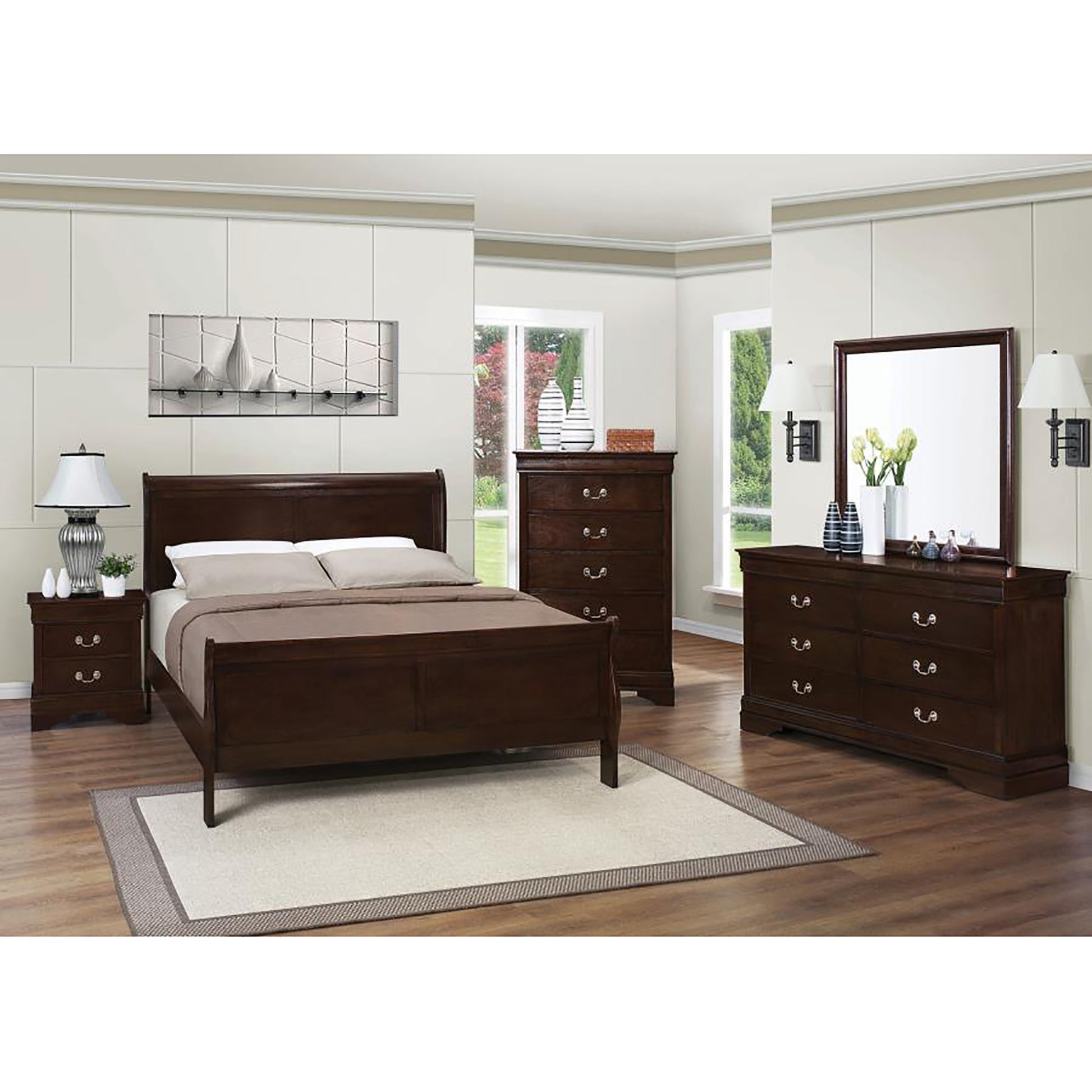 Dark brown sleigh bed with upholstered headboard and matching nightstand
