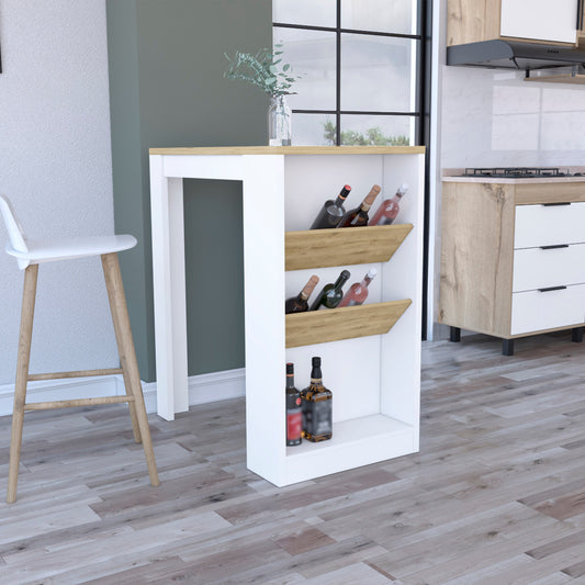 Compact white bar cabinet with oak accents featuring angled shelves holding wine bottles