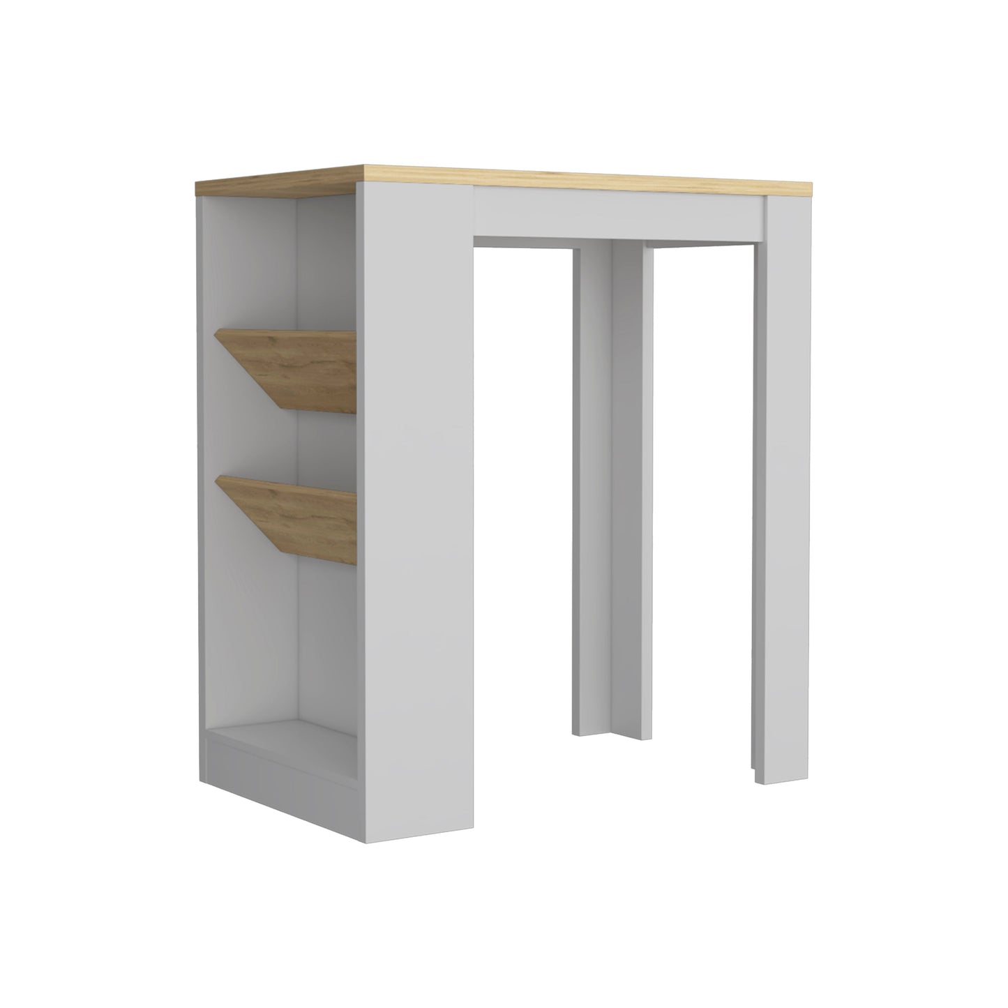 Modern white bar table with natural wood top and integrated shelving