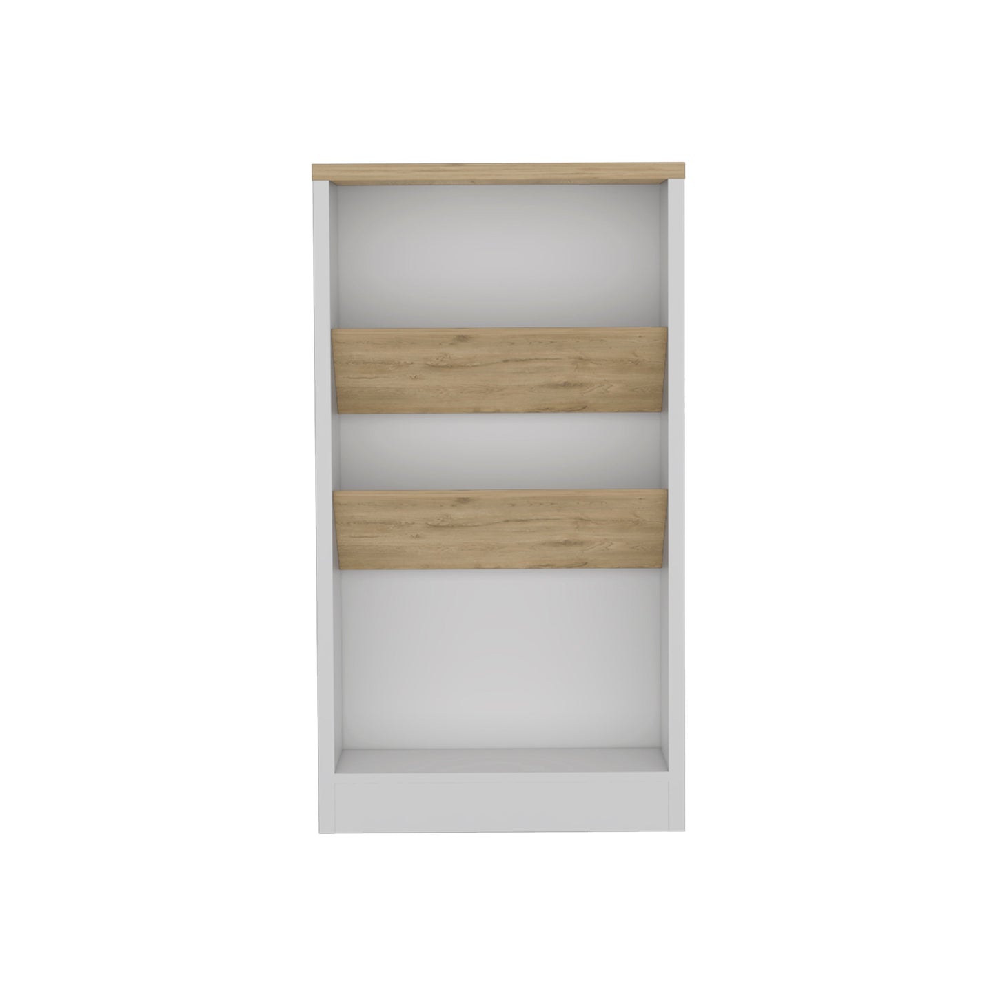 White modular storage cabinet with two oak effect shelves