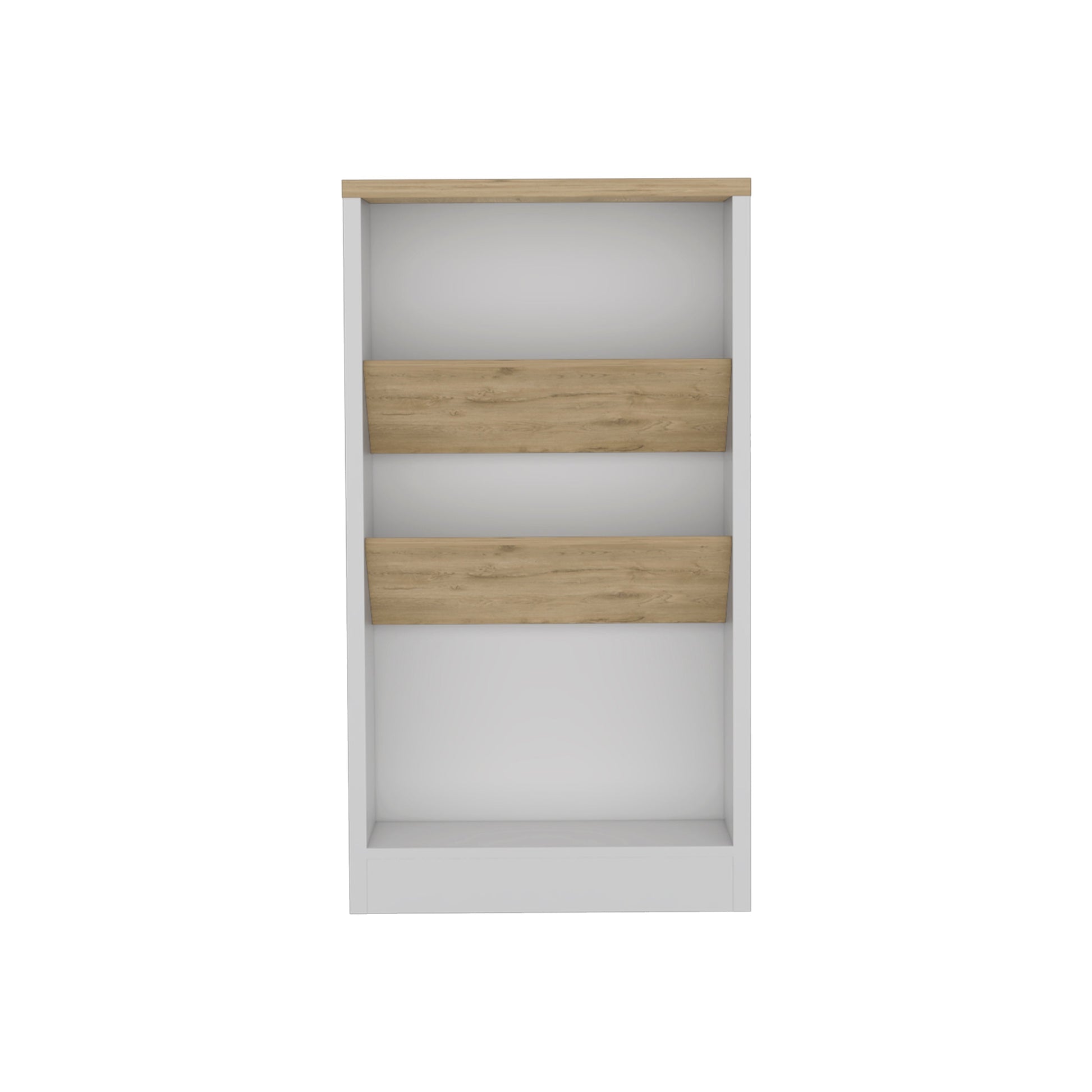 White modular storage cabinet with two oak effect shelves