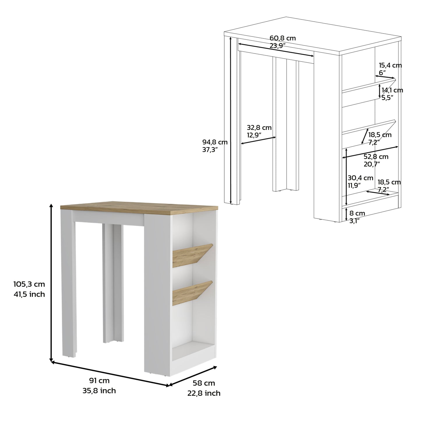 White and oak bar table with side storage shelves