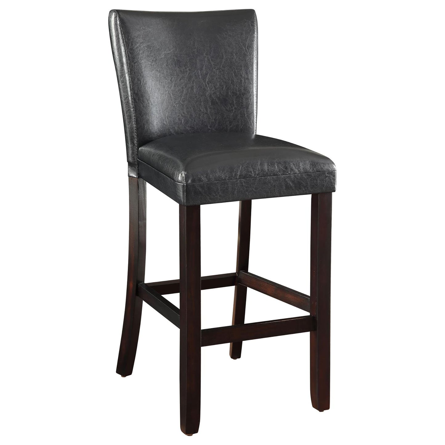 Dark gray faux leather bar stool with wooden legs and footrest