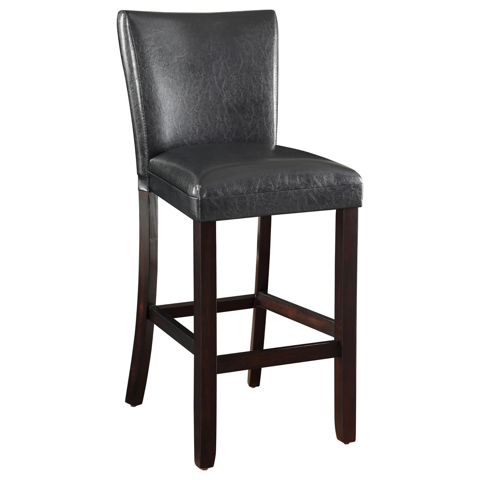 Dark gray faux leather bar stool with wooden legs and footrest