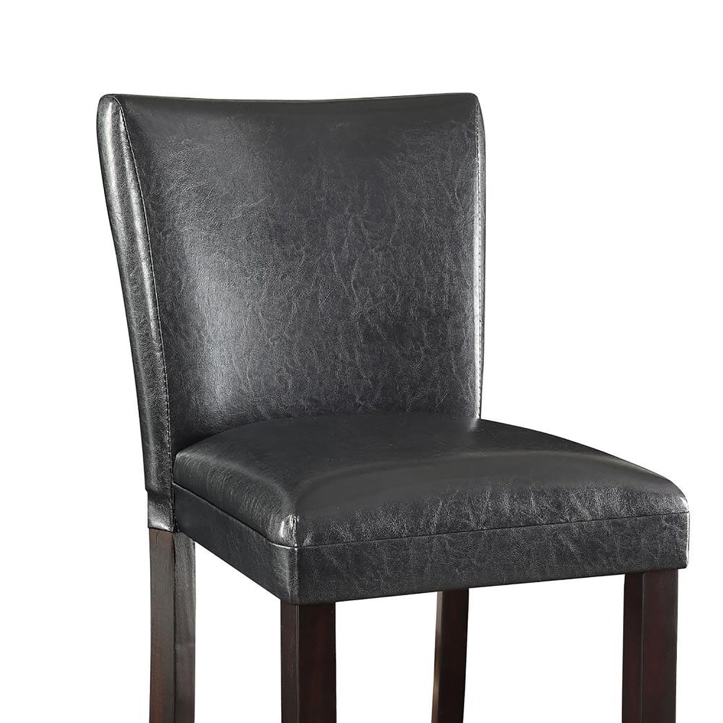 Closeup of black faux leather bar stool with dark wood legs and stitched detailing