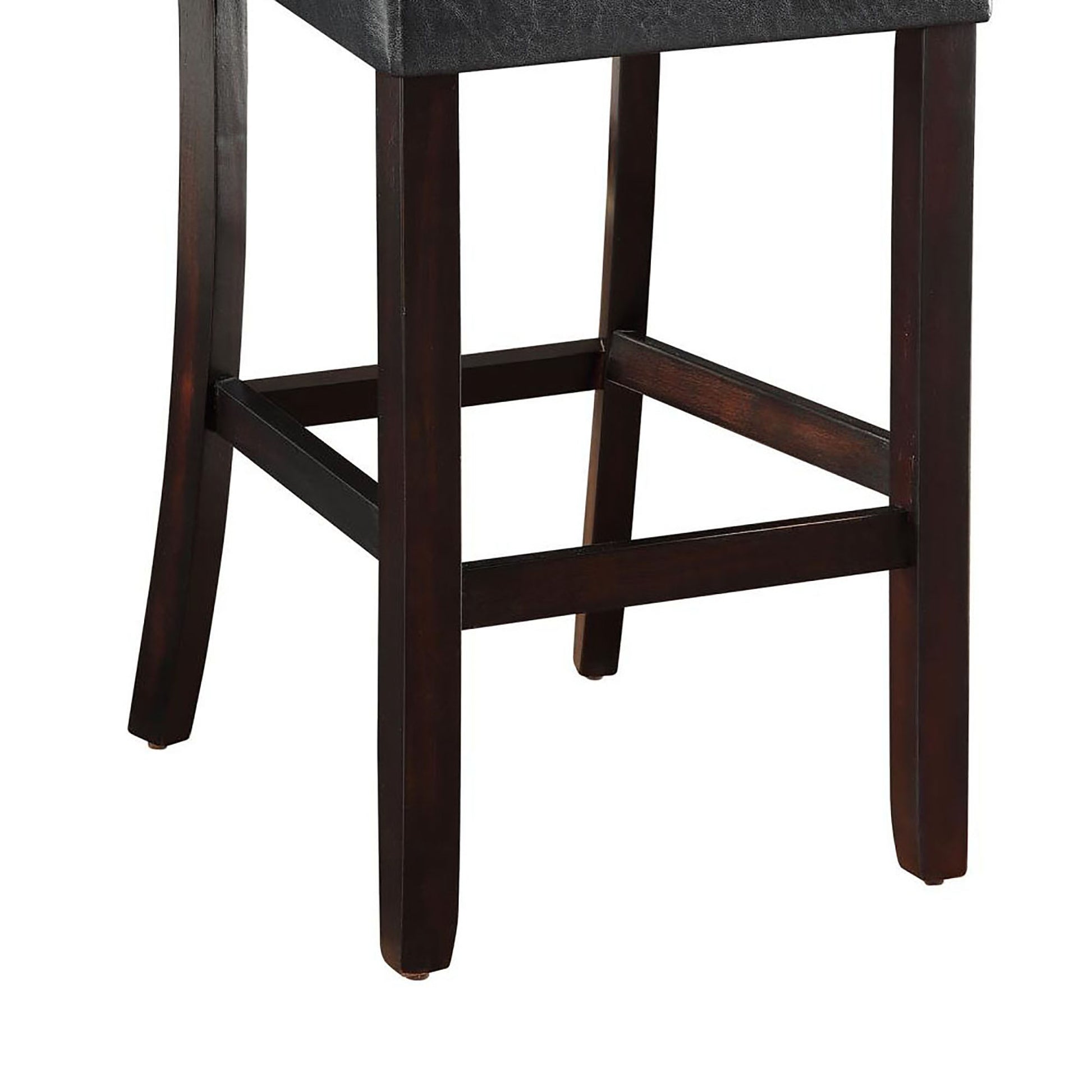 Dark wood bar stool legs with dark gray faux leather seat detail