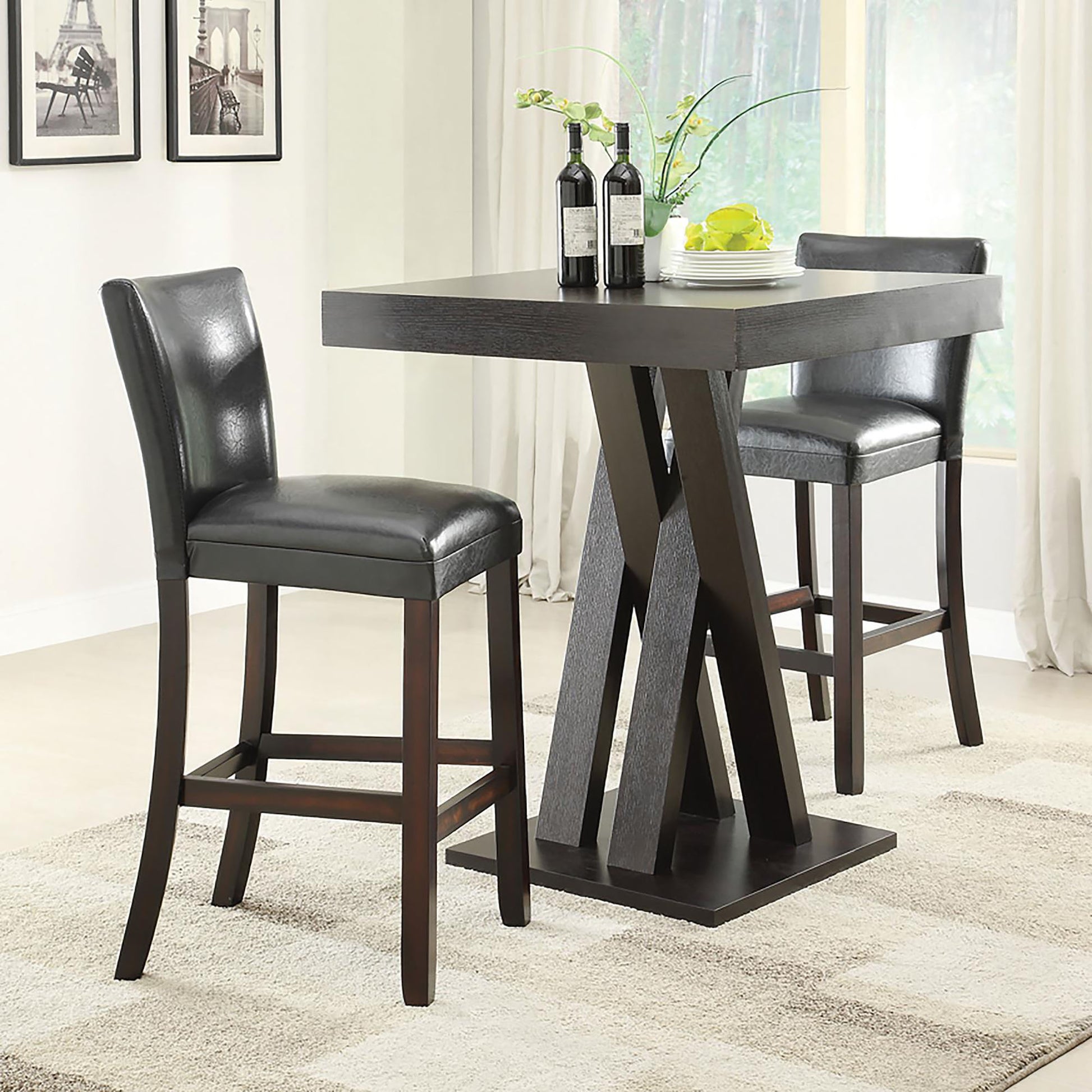 Dark brown leatherette bar stool with wooden frame designed for comfortable seating