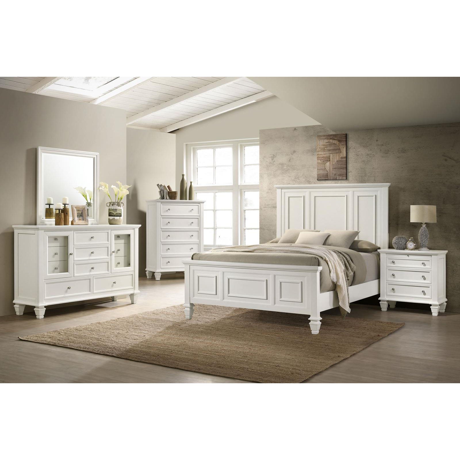 Classic white wooden bed frame with paneled headboard and footboard ideal for master bedroom