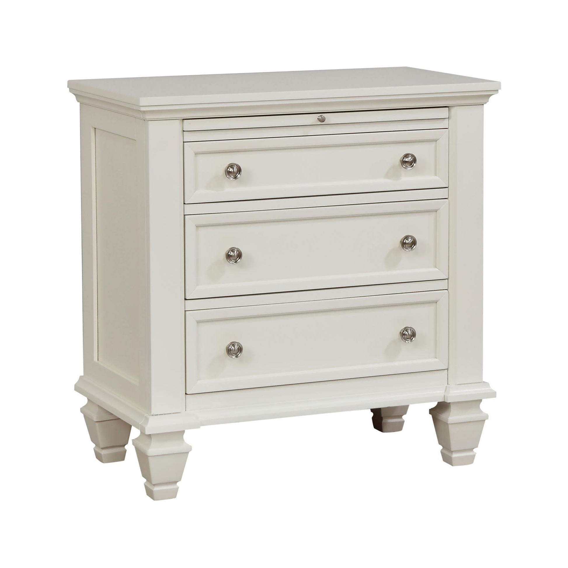 White classic nightstand with three drawers and ornate silver pulls