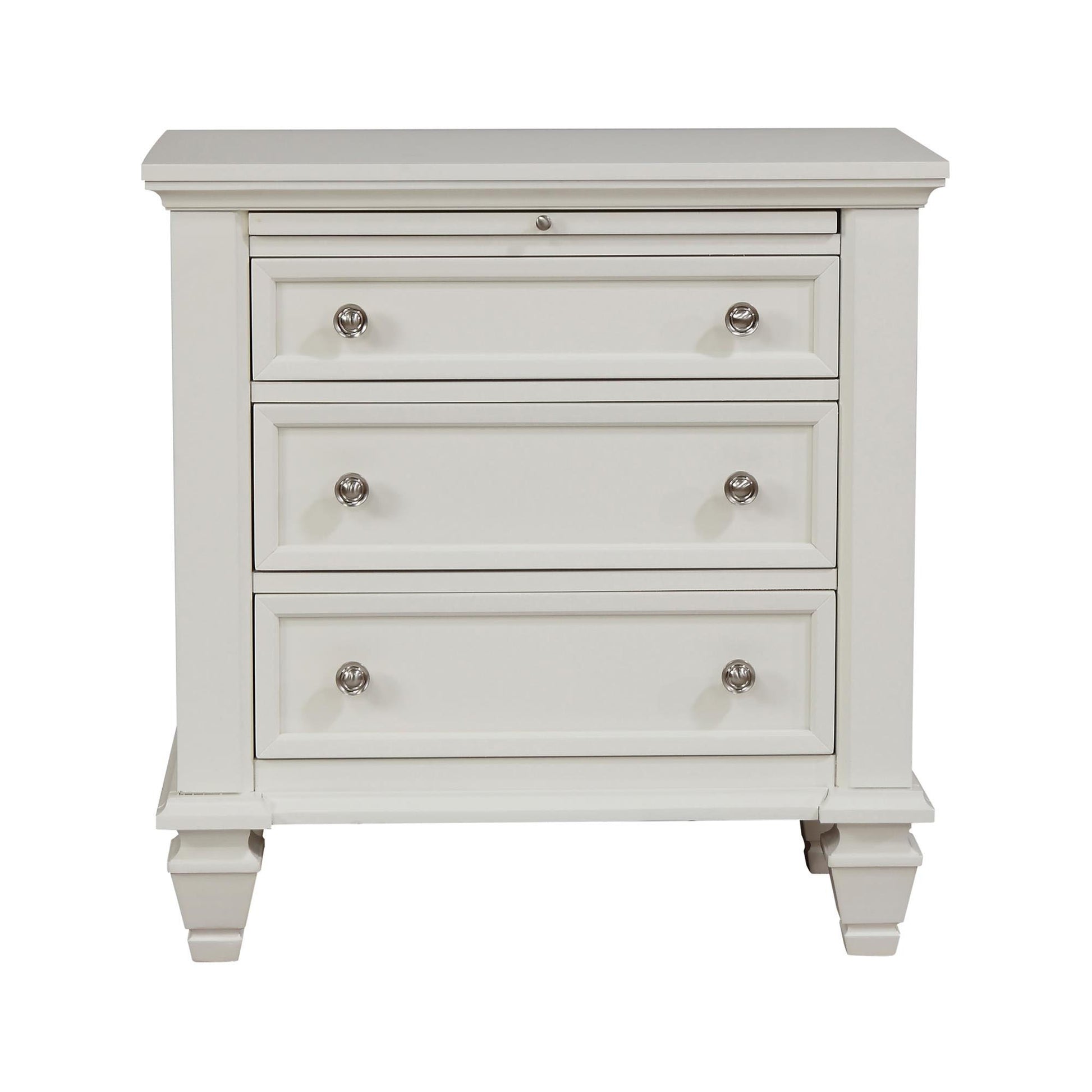 White wood nightstand with three drawers and brushed nickel knobs
