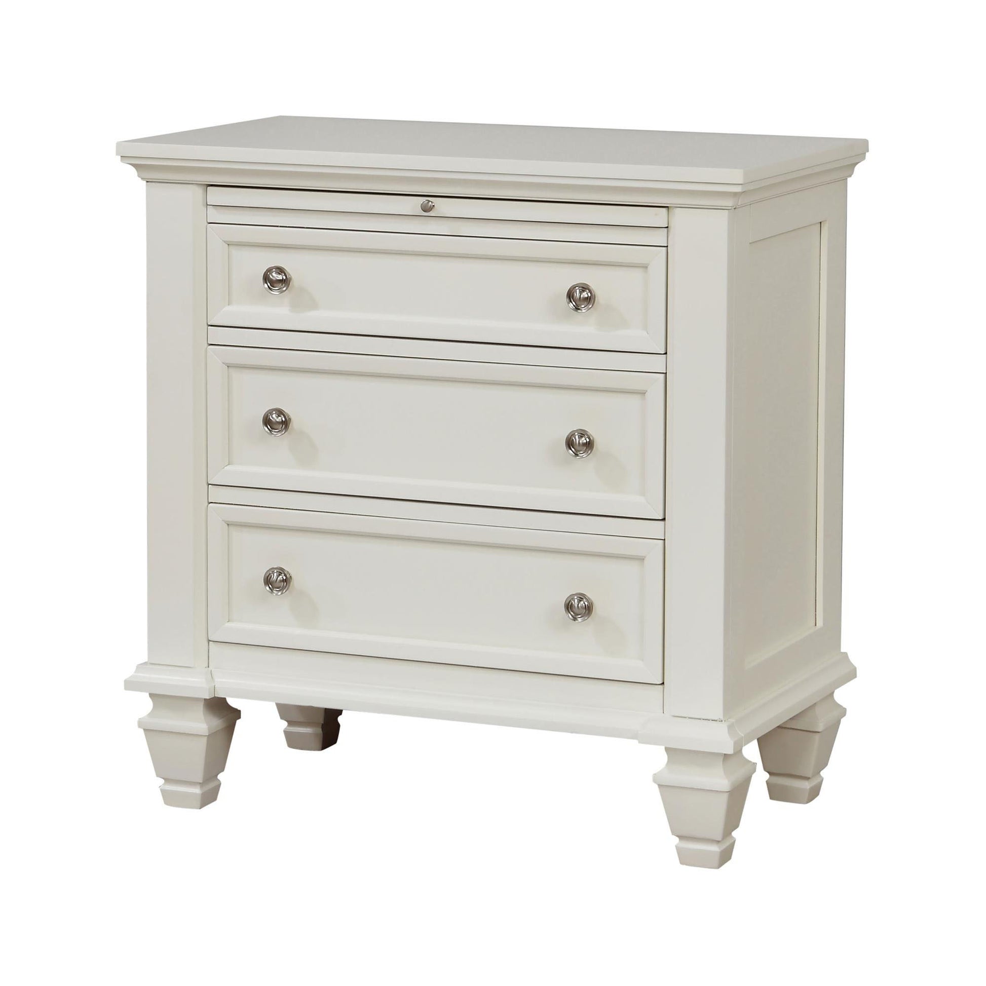 Antique white wooden nightstand with three drawers and silver knob hardware