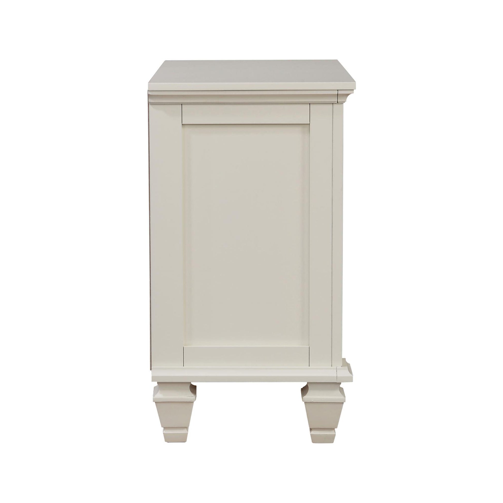 Cream painted wood bedside table with detailed molding and square legs