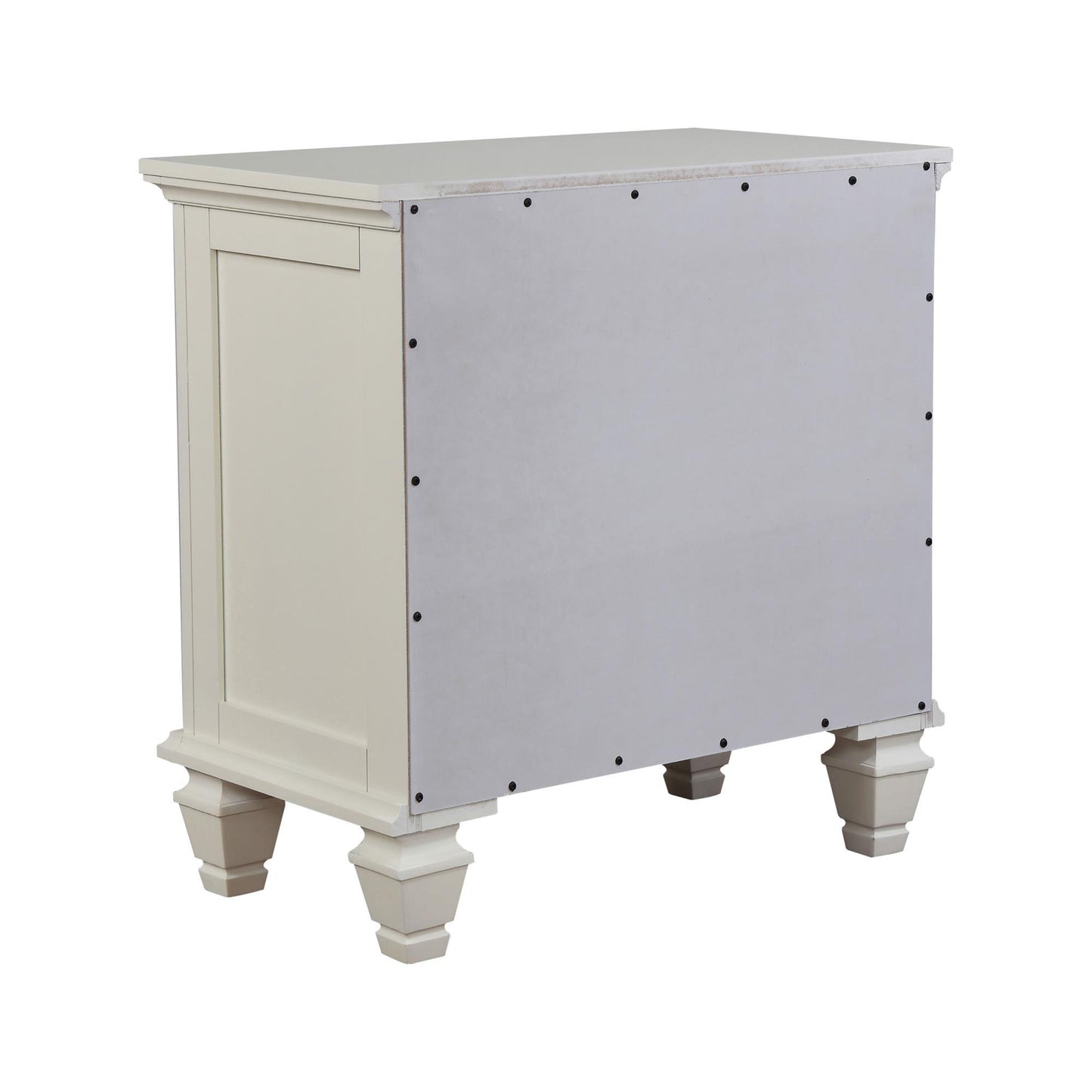 Cream bedside table with decorative turned legs and a paneled front detail