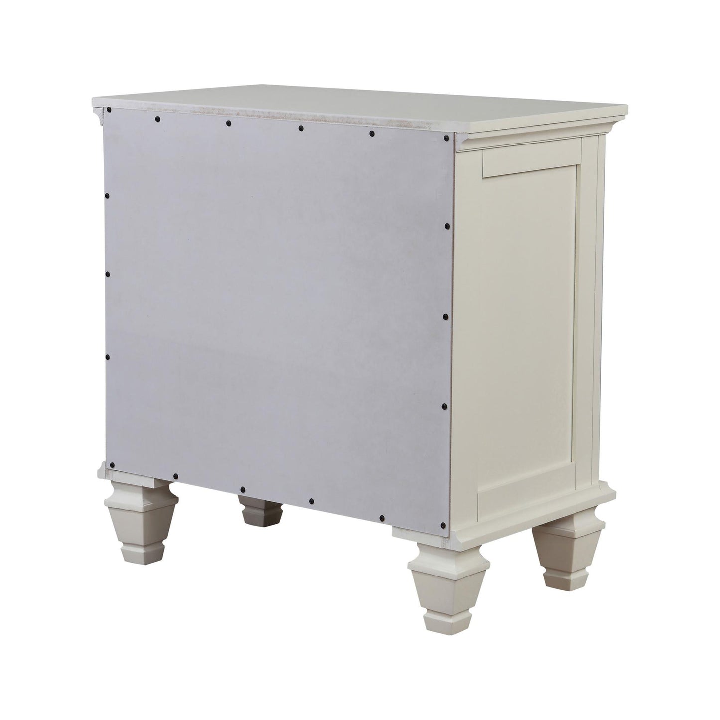 Cream bedside table with decorative legs and inset panel detail