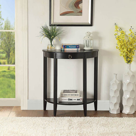Classic black halfmoon accent table with single drawer and shelf perfect for entryways