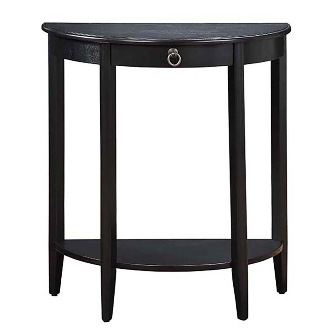Dark wood halfmoon console table with ring pull drawer and lower shelf